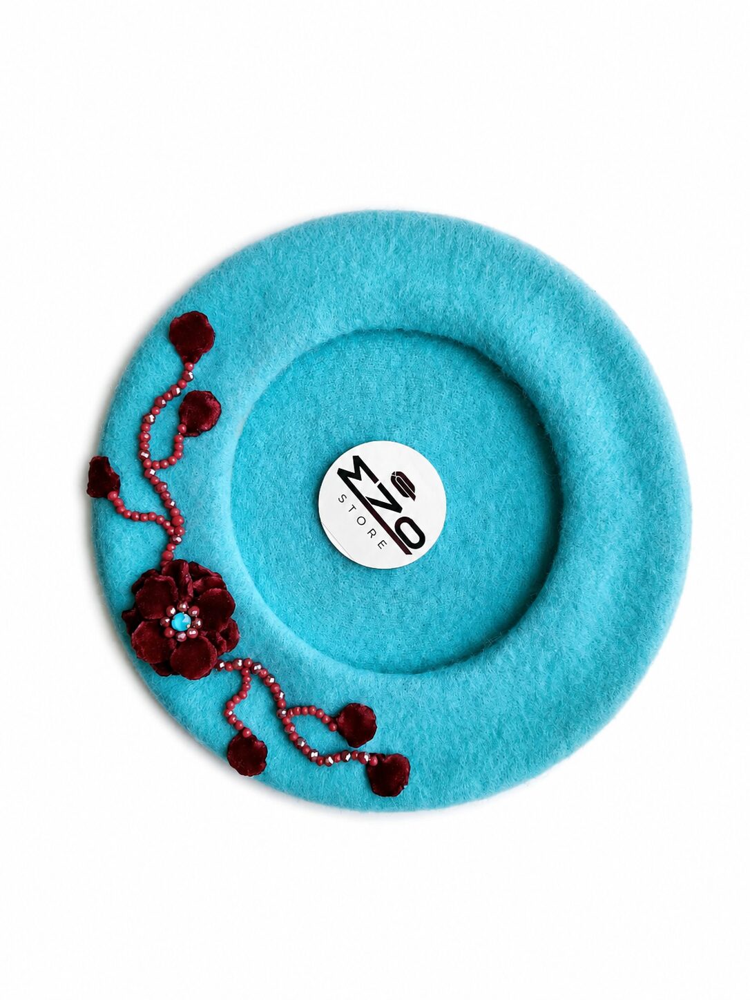 Beretă handmade turcoaz din lână 100% cu decor bordo EZO