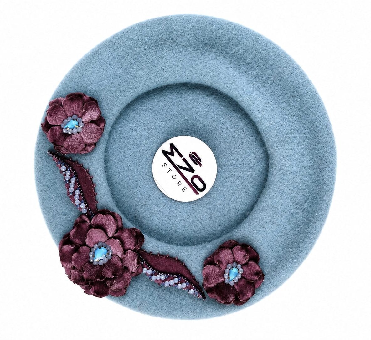 Beretă handmade bleu prăfuit din lână 100% cu flori lila EZO