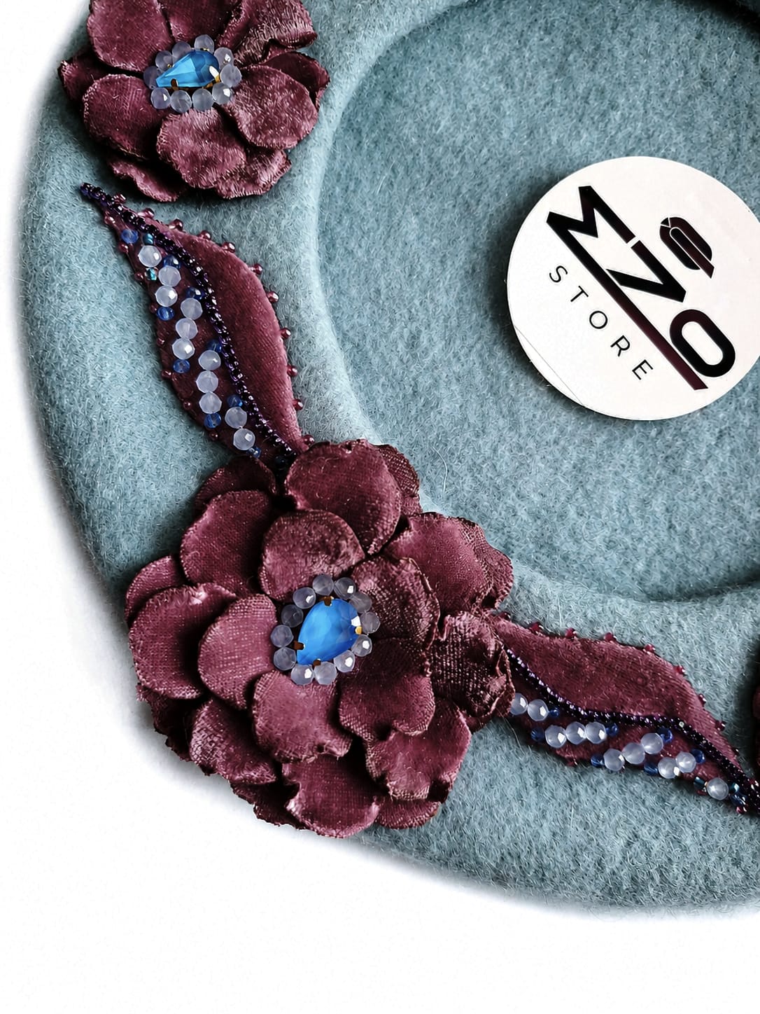 Beretă handmade bleu prăfuit – unicat din lână 100% - imagine 3