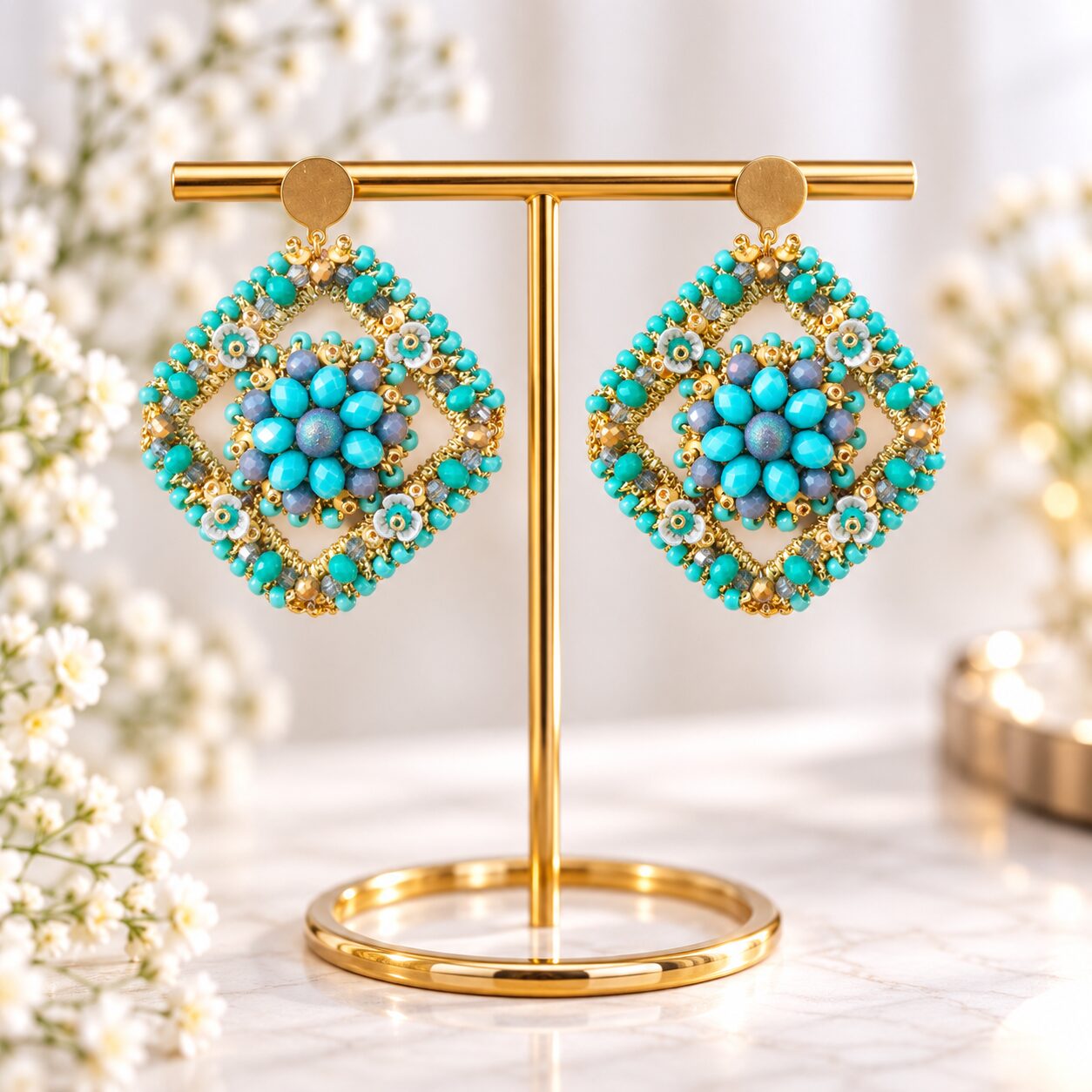 Cercei Turquoise Bloom – croșetați cu cristale și accente florale - imagine 3