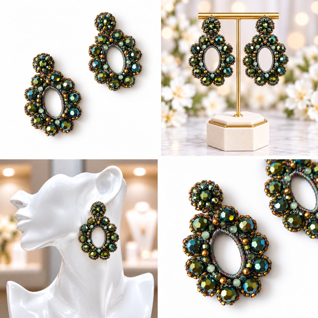 Cercei Emerald Halo – croșetați cu cristale verde irizat și accente aurii - imagine 5