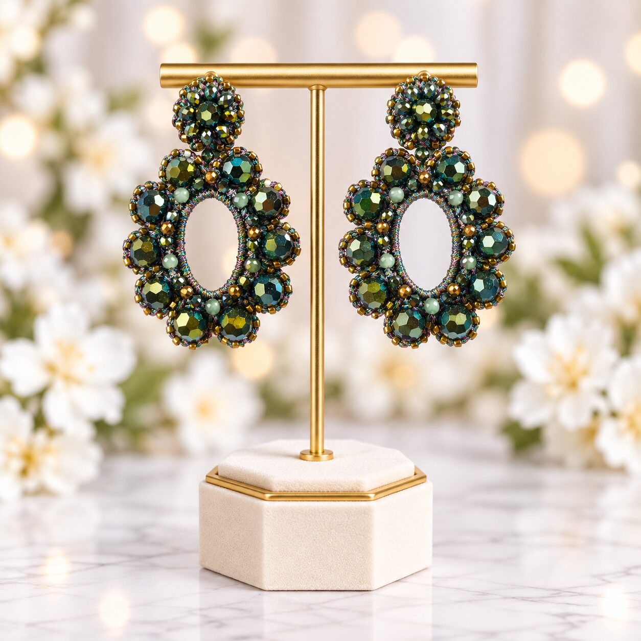Cercei Emerald Halo – croșetați cu cristale verde irizat și accente aurii - imagine 3