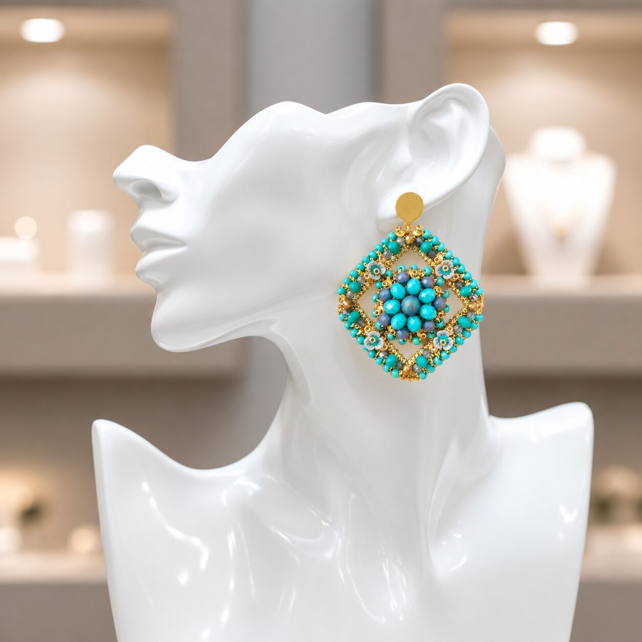 Cercei Turquoise Bloom – croșetați cu cristale și accente florale - imagine 2
