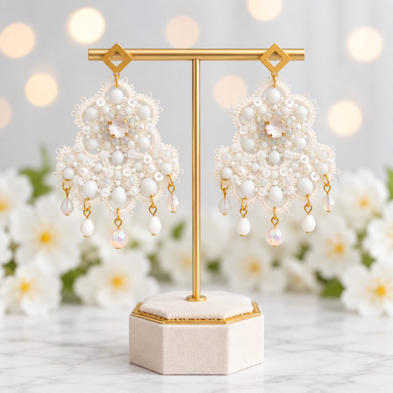 Cercei White Chandelier – tatting cu cristale și paiete - imagine 3