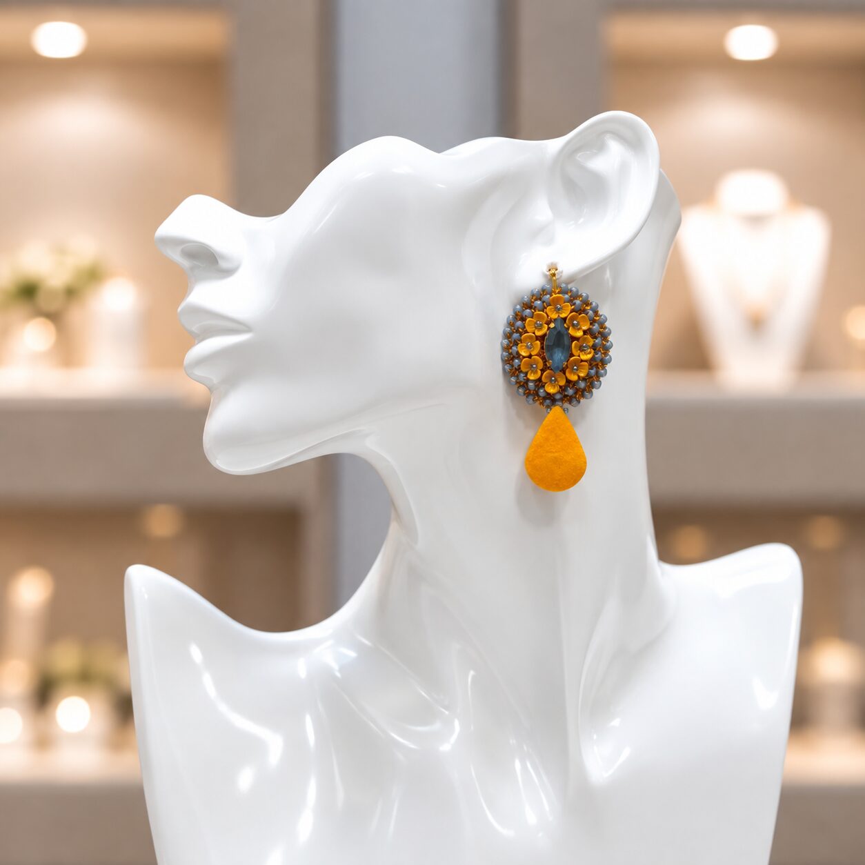 Cercei Mustard Bloom – croșetați cu rhinestone și accente florale - imagine 2