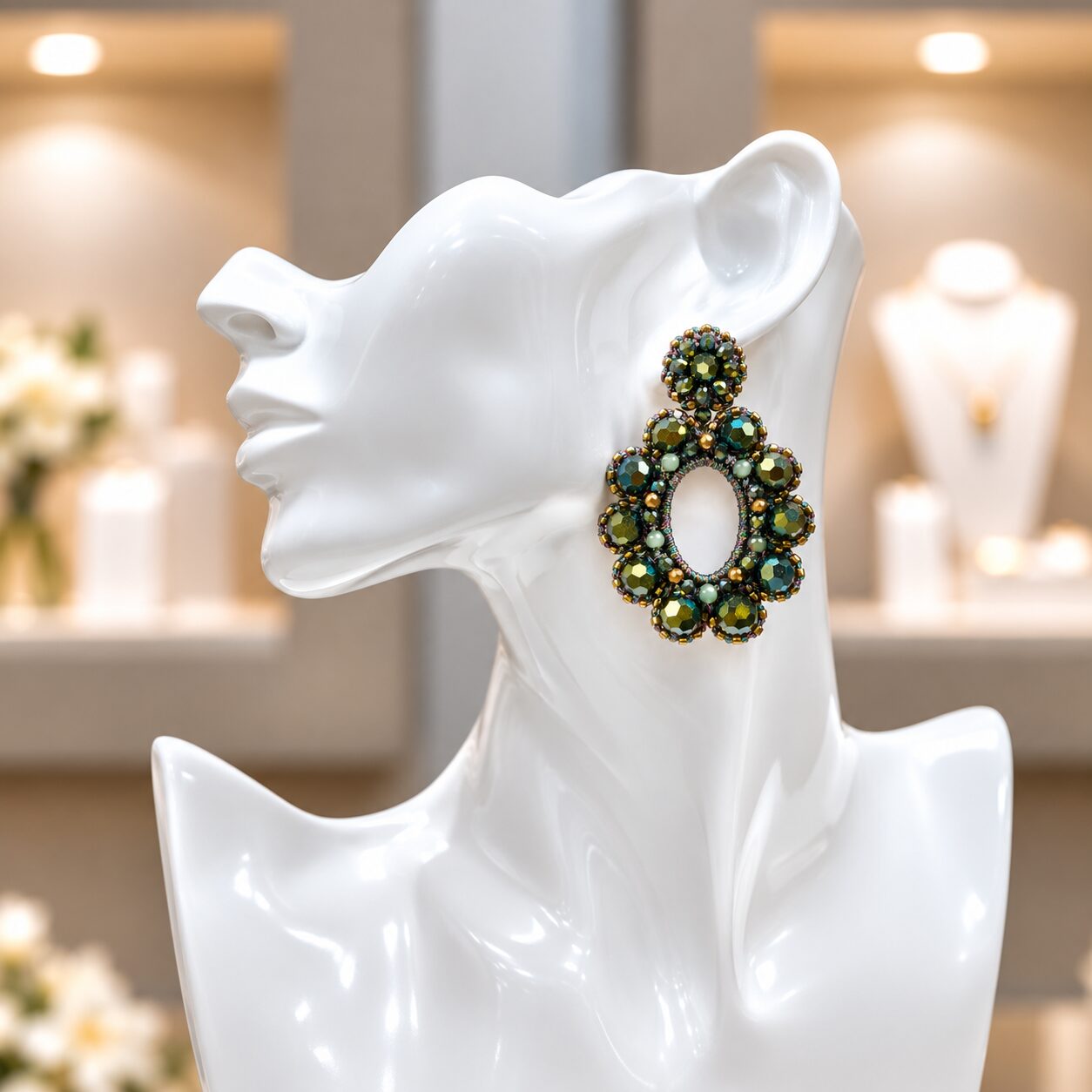Cercei Emerald Halo – croșetați cu cristale verde irizat și accente aurii - imagine 2