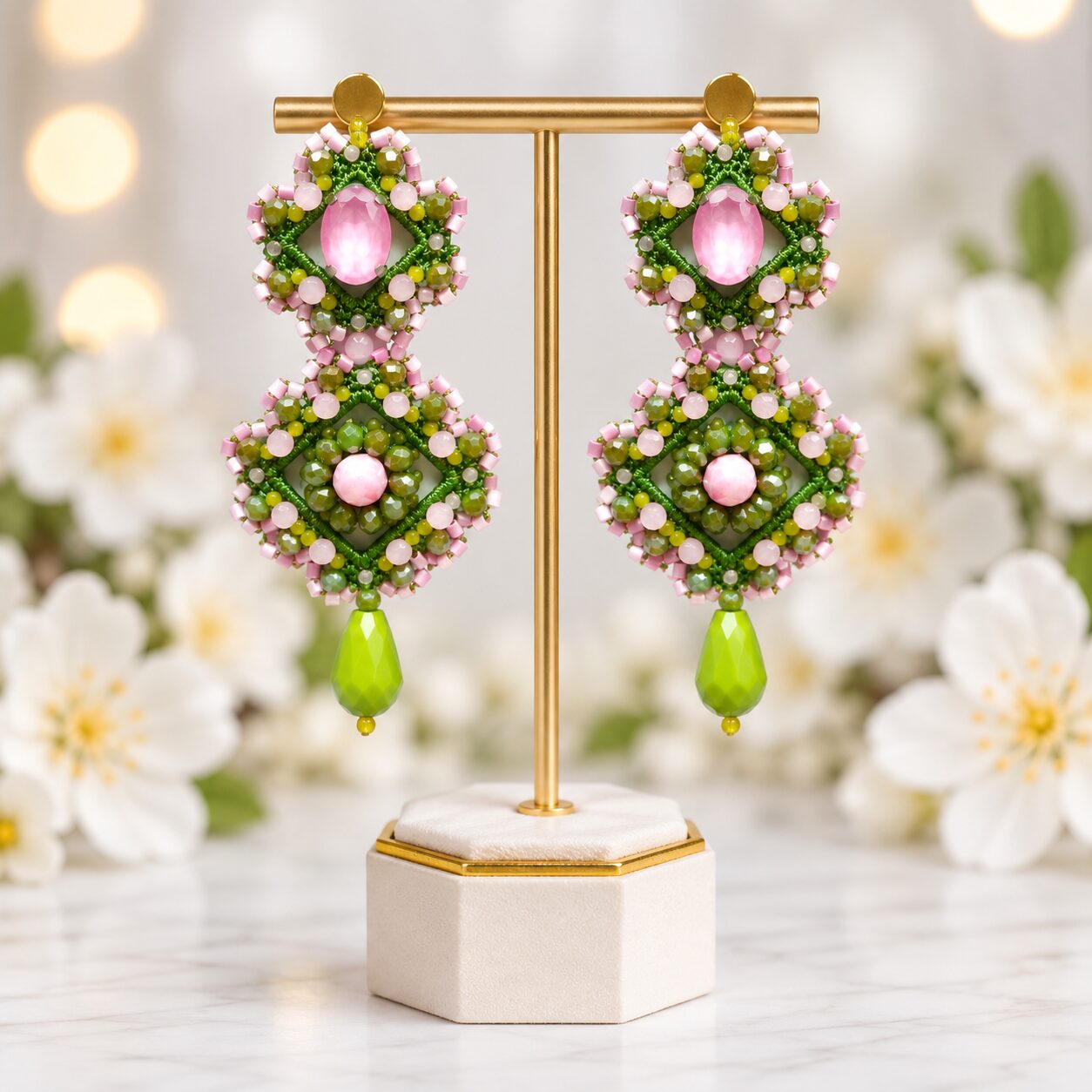 Cercei Olive Rose – verde oliv și roz pudrat - imagine 3