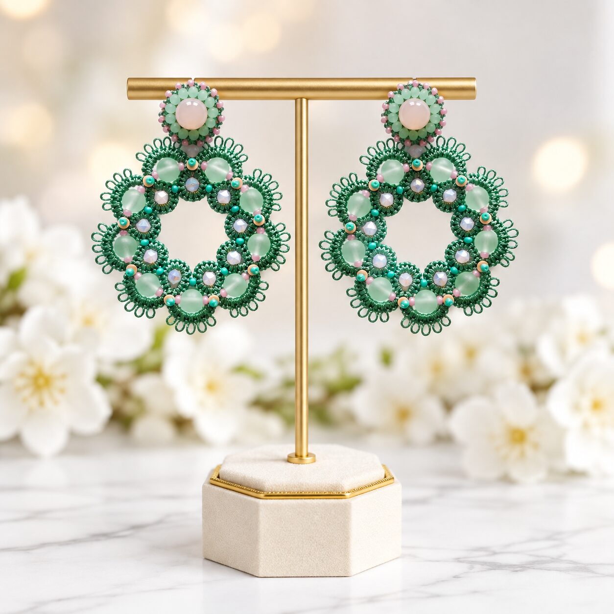 Cercei Mint Bloom – verde mentă și roz pudrat - imagine 3