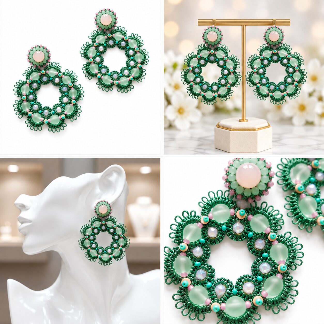 Cercei Mint Bloom – verde mentă și roz pudrat - imagine 5
