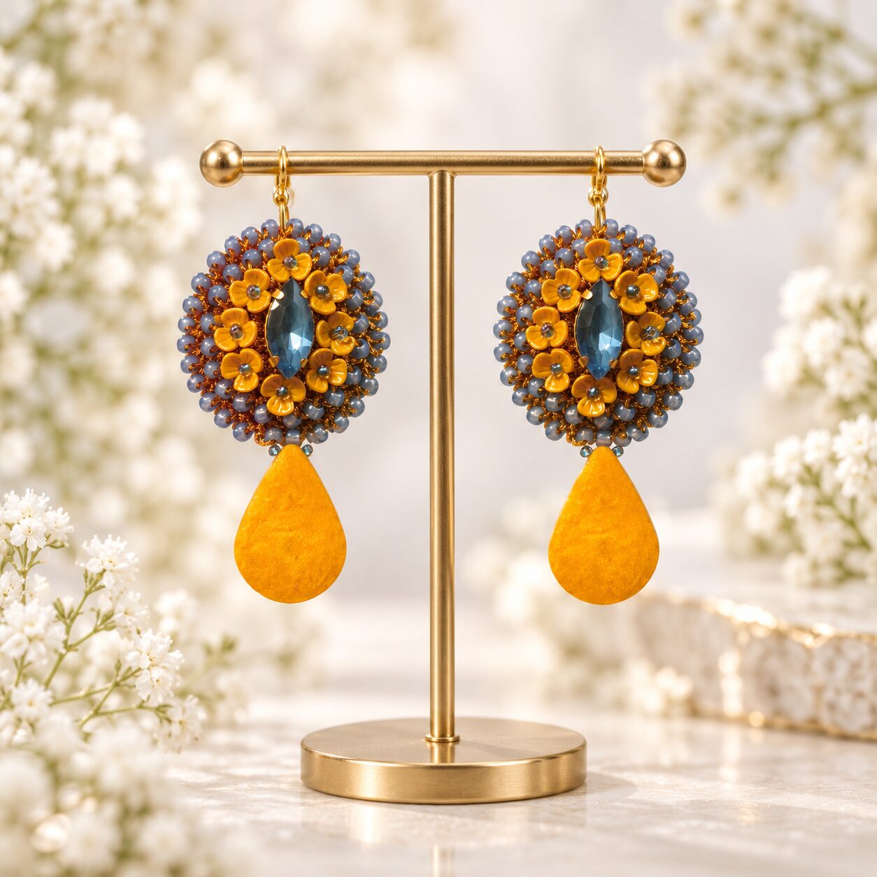 Cercei Mustard Bloom – croșetați cu rhinestone și accente florale - imagine 3