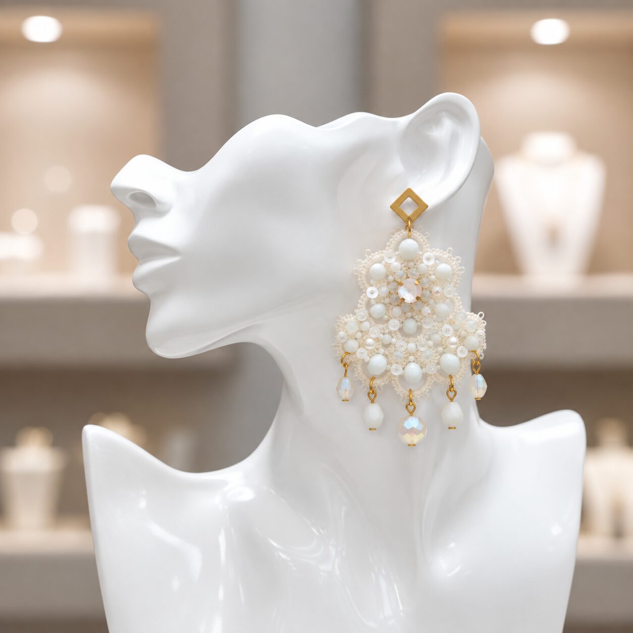 Cercei White Chandelier – tatting cu cristale și paiete - imagine 2