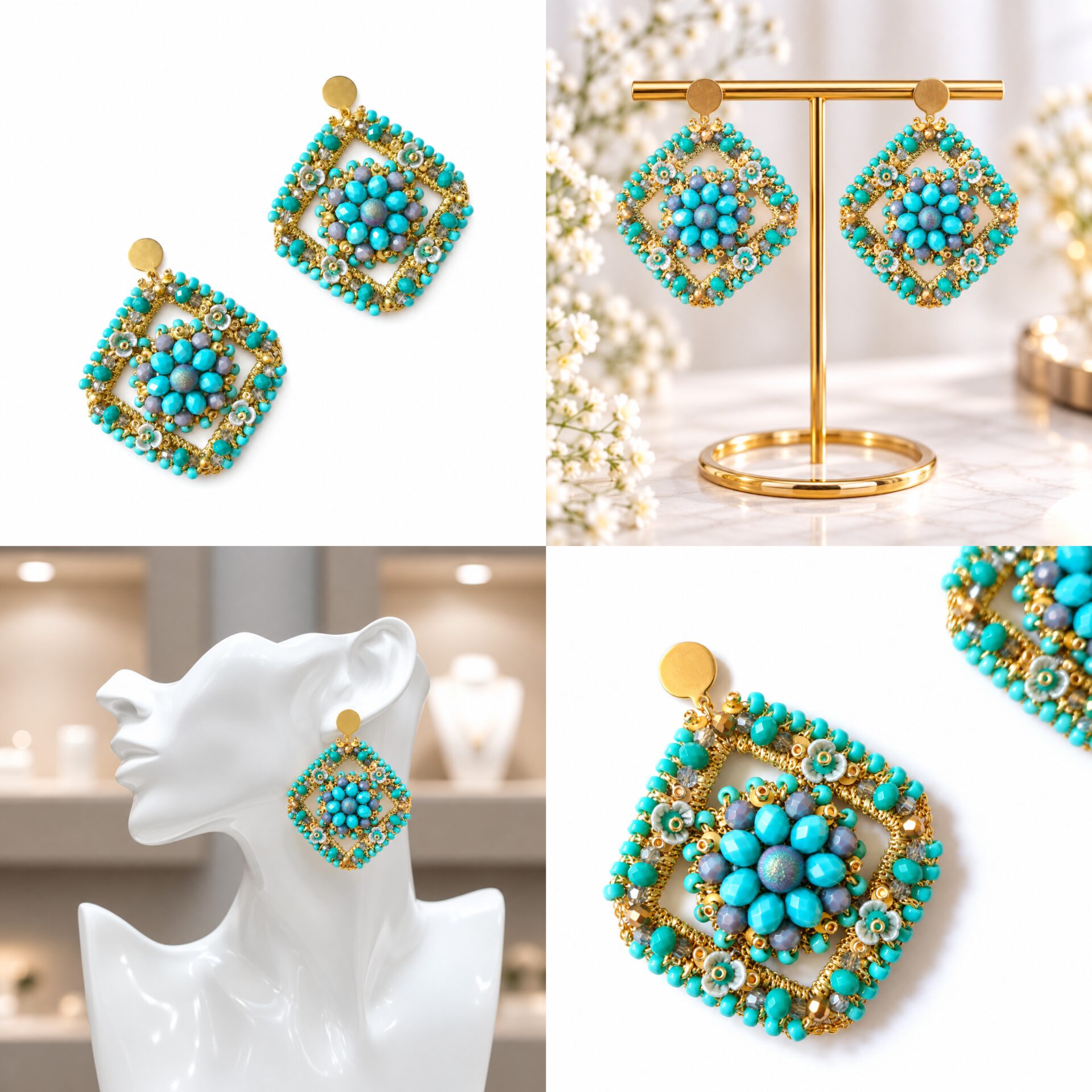 Cercei Turquoise Bloom – croșetați cu cristale și accente florale - imagine 5