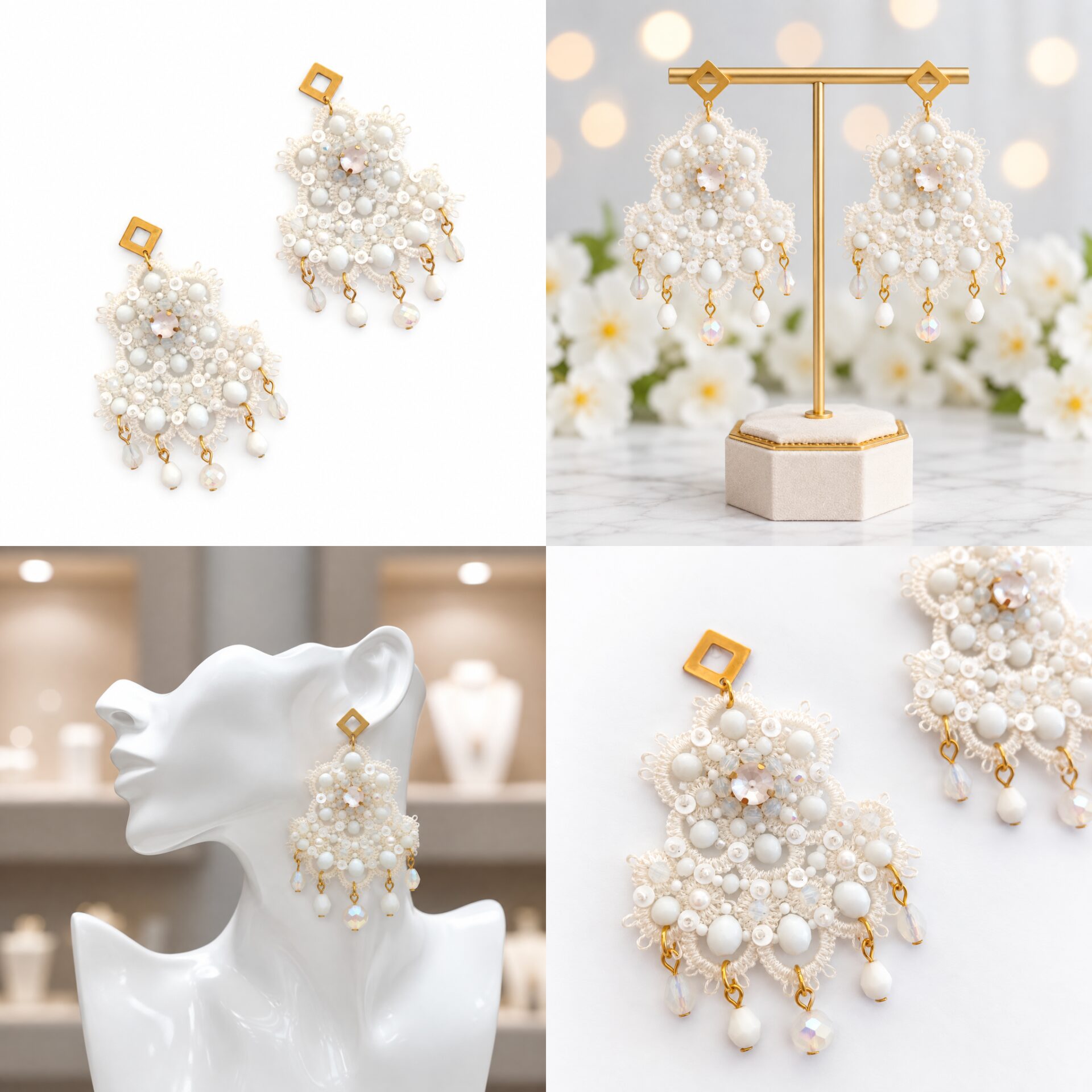 Cercei White Chandelier – tatting cu cristale și paiete - imagine 5