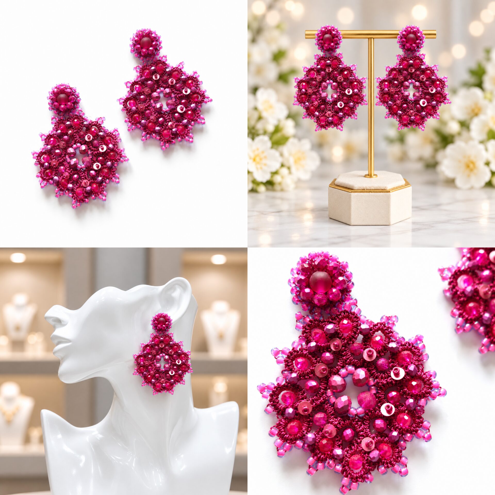 Cercei Fuchsia Bloom – fucsia intens și cristale fațetate - imagine 5
