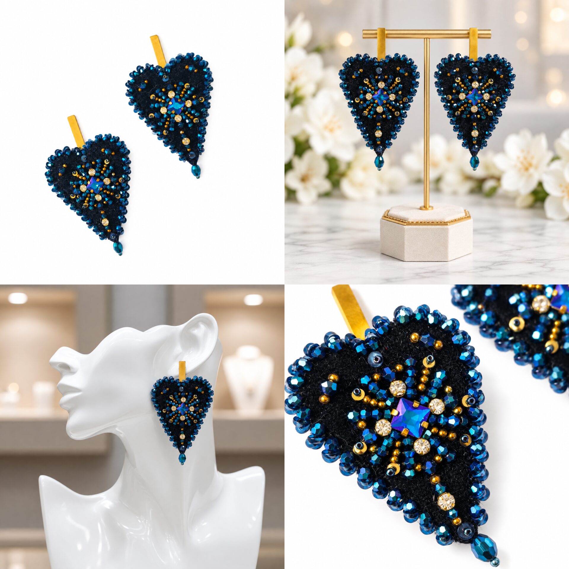 Cercei Midnight Heart – catifea cu cristale albastre și accente aurii - imagine 5