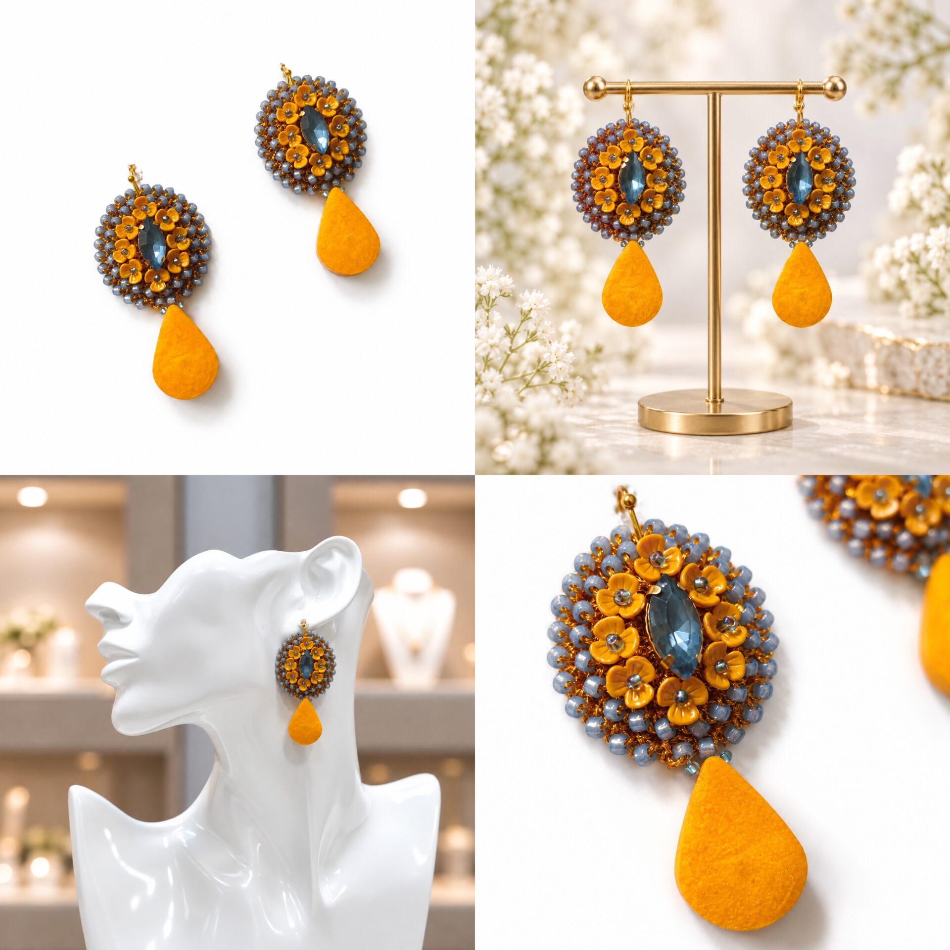 Cercei Mustard Bloom – croșetați cu rhinestone și accente florale - imagine 5