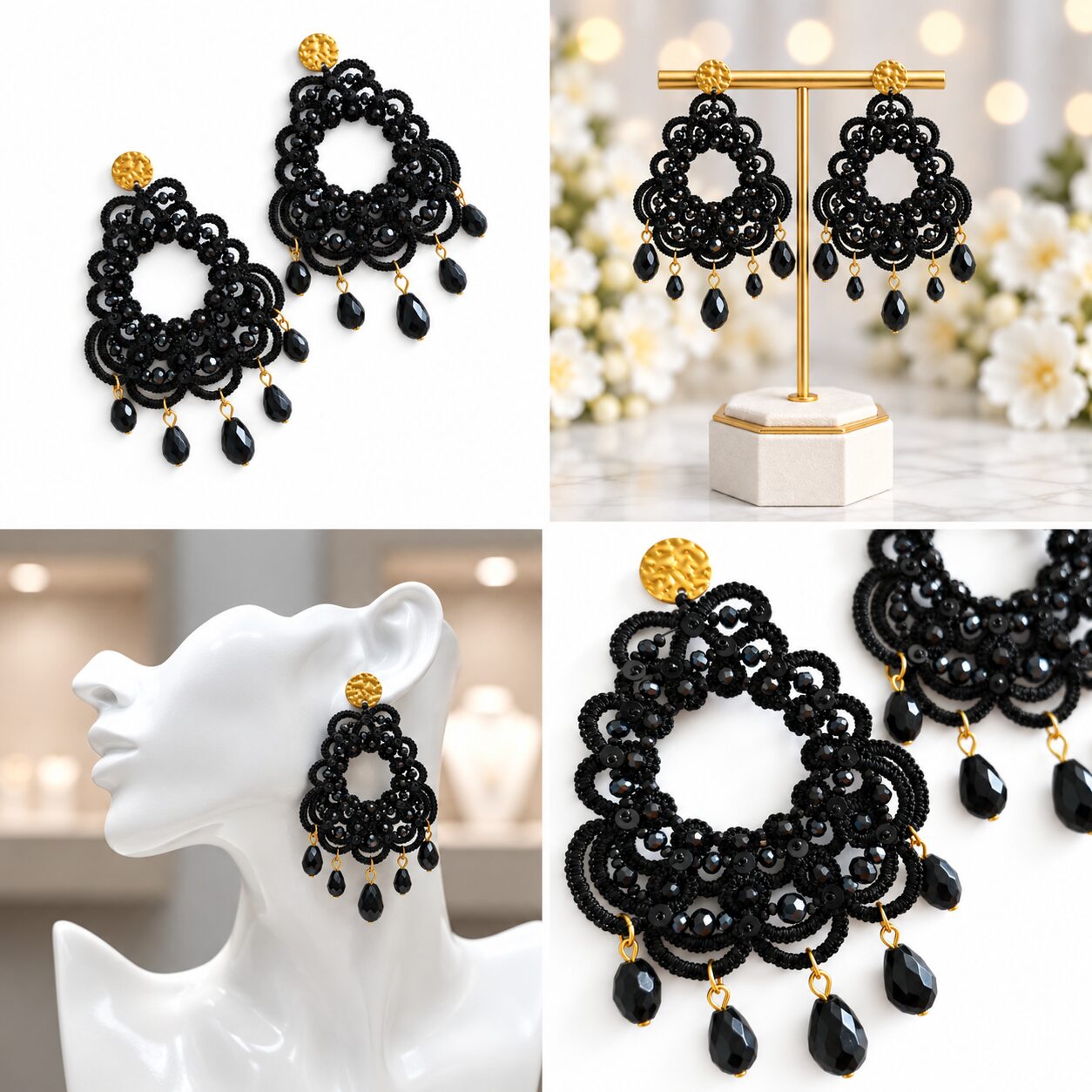 Cercei Noir Chandelier – negru intens și cristale drops - imagine 5