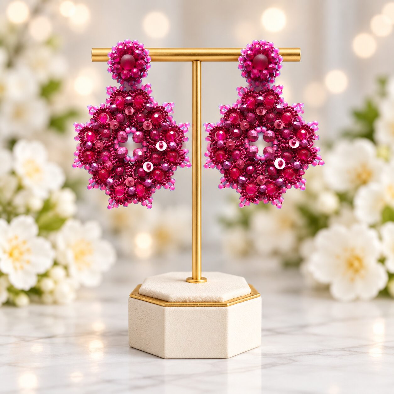 Cercei Fuchsia Bloom – fucsia intens și cristale fațetate - imagine 3