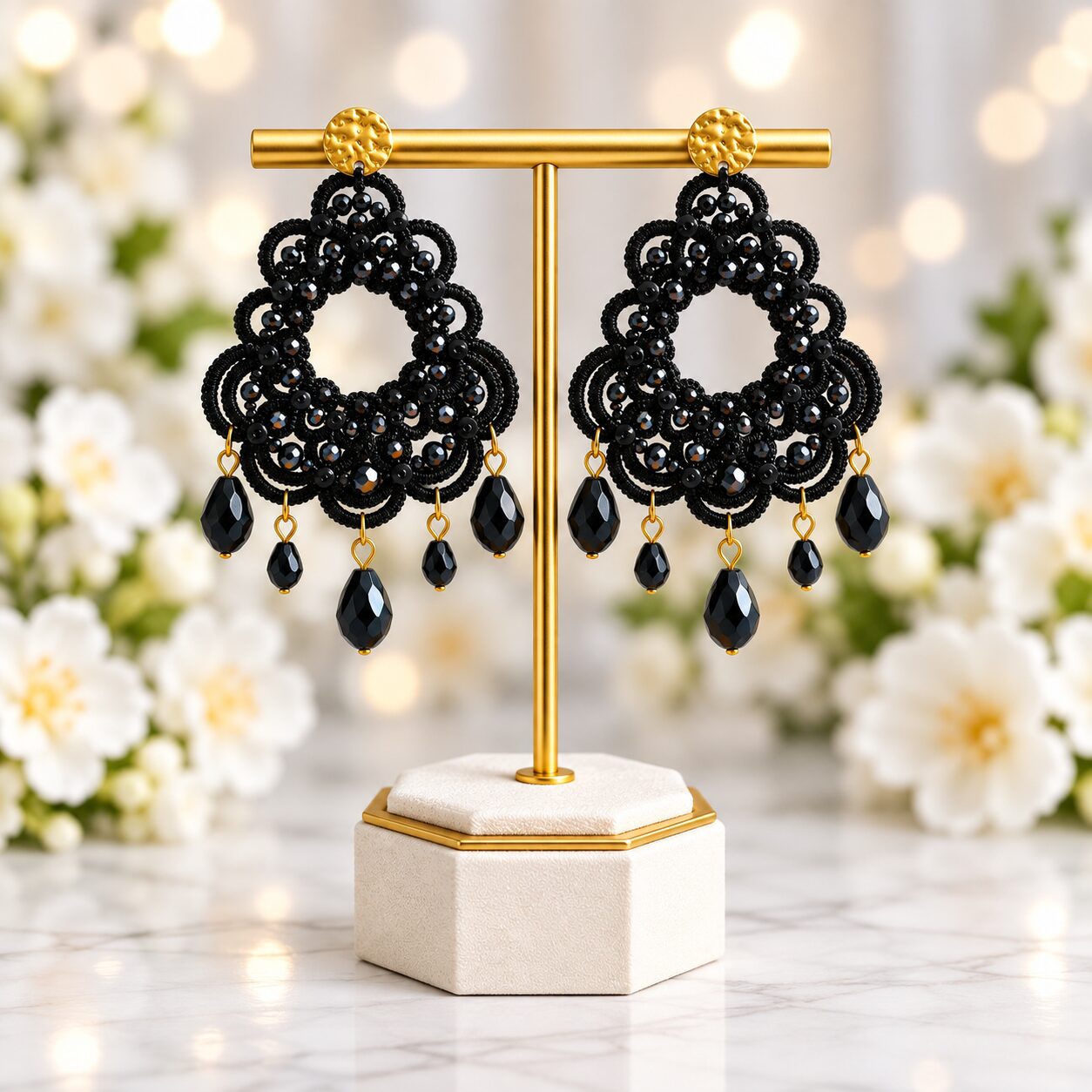 Cercei Noir Chandelier – negru intens și cristale drops - imagine 3